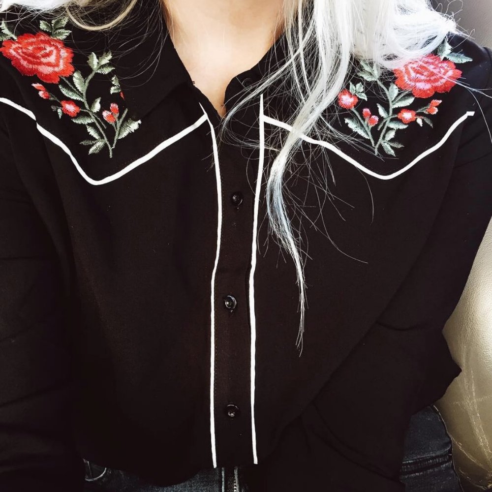 Rose Embroidered Long Sleeve Button Up Top